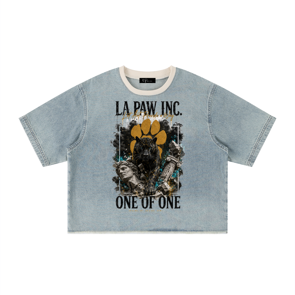La Paw Inc. Unisex Vintage Wash Boxy Raw Hem Denim T-Shirt