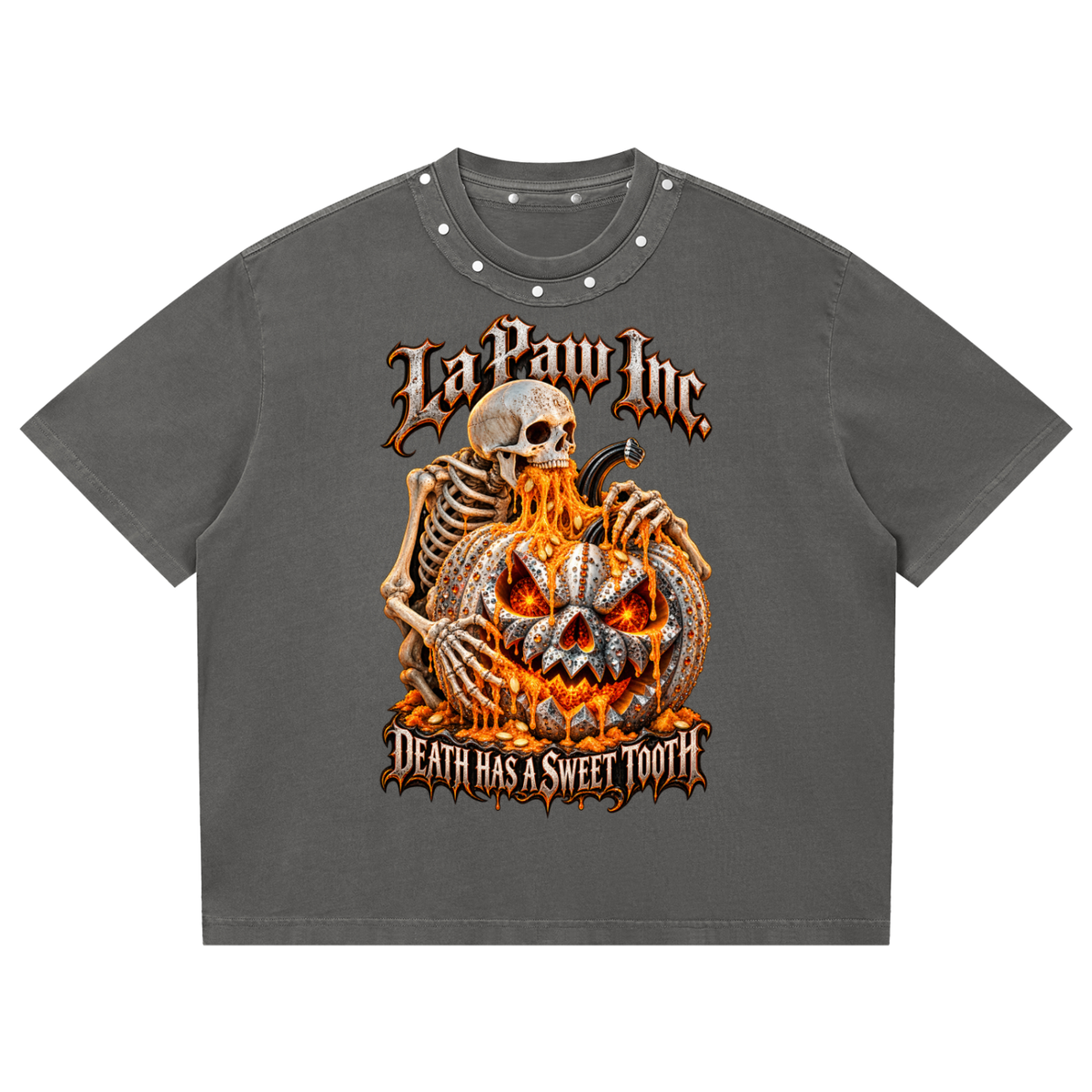 La Paw Inc. Death Has A Sweet Tooth Unisex Washed Boxy Studded T-Shirt