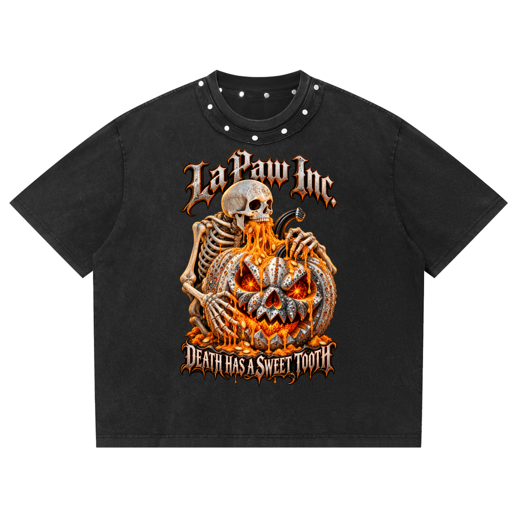 La Paw Inc. Death Has A Sweet Tooth Unisex Washed Boxy Studded T-Shirt